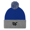 Brick Forces Logo Black Embroidery Pom Pom Knit Cap - Royal/ Heather Grey - Printful Clothing